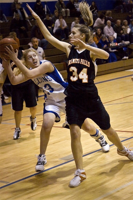 Falcon Rachel Harris maintains her composure under heavy defensive pressure from Granite Falls forward Kristen Kramer during South Whidbeys 64-41 victory over the Tigers on Friday.