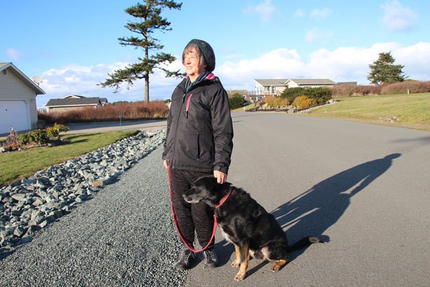 Christine Laing walks her dog in her West Beach neighborhood at the spot where she saw a strange light in the sky Monday night.