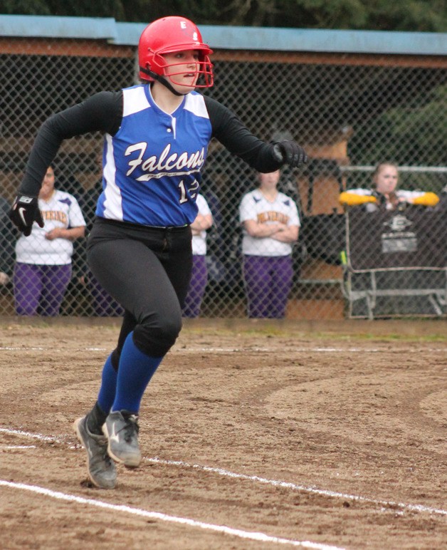 South Whidbey sophomore Kacie Hanson sprints to first base against Friday Harbor after hitting a single in the third inning March 17.