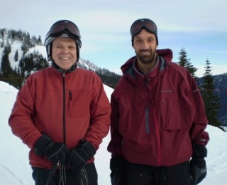 Dale Christensen and Sean Reuland share a moment after a long day on the slopes at Stevens Pass