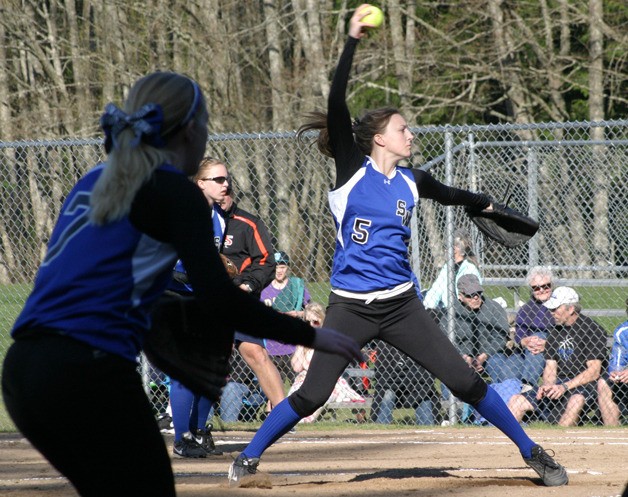 Mackenzie Hezel winds up for the Falcons against Granite Falls on March 29.