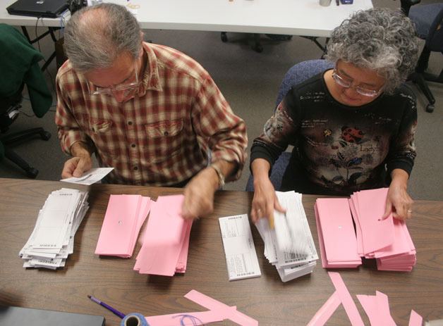 Marshall Goldberg and Anna Tamura remove ballots from their pink privacy envelopes while processing ballots this week at the county elections office in Coupeville.
