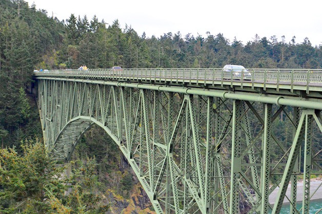 Drivers cross the Deception Pass bridge recently. Traffic will be heavily congested during evening closures as crews work on the structure.
