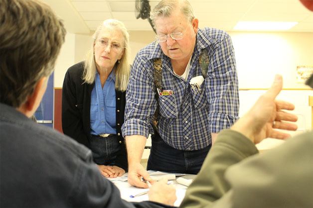 Tiny and Vance Tillman discuss their group’s preferences for zoning overlays in Langley. The Tillmans were among 43 attendees at Island County Planning Department’s recent public input meeting to address proposed changes to Langley’s urban growth area.