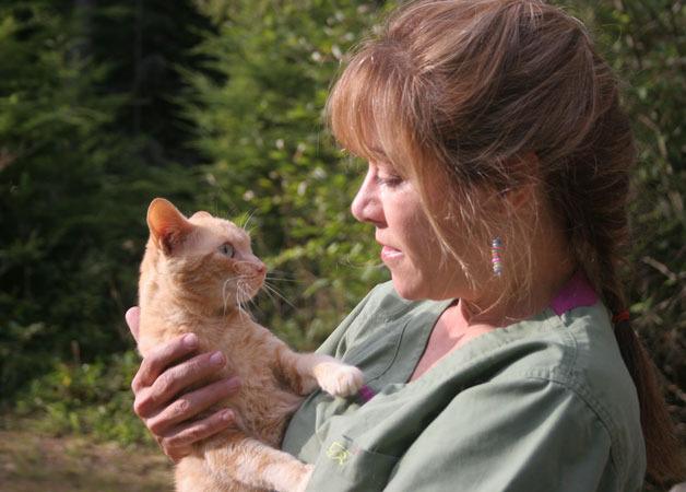 Veterinarian Lyn Jones holds one of the cats that were rescued from a North Whidbey home that are awaiting adoption.