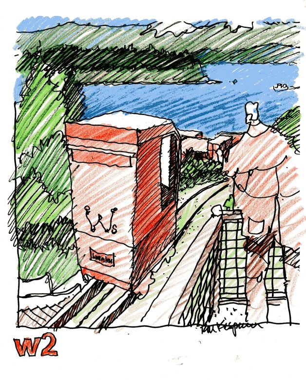 An artist’s rendition shows the proposed funicular next to Cascade Avenue above the Langley Marina.