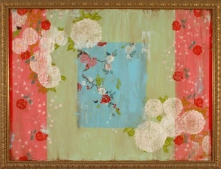 Kathe Fraga’s “Romantique” is a mixed-media paean to spring.