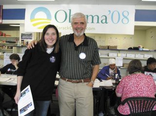Marty Behr of Langley poses with volunteer coordinator Sheila Healy in the East Cincinnati Obama field office. Behr took a week off from his job to canvass for the Democratic candidate for president in the swing state of Ohio.