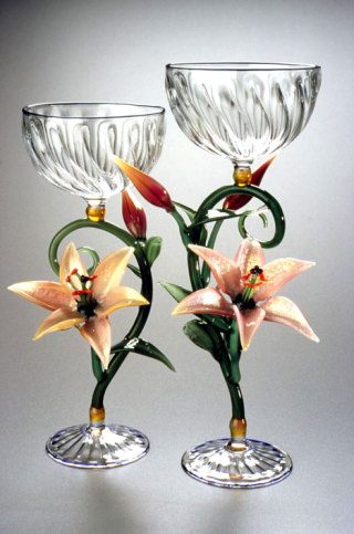 “Lily Goblets” by glass artist Janis Miltenberger demonstrate her affinity for mixing the decorative with the functional in art.