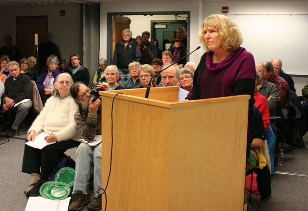 Whidbey Camano Land Trust Executive Director Pat Powell addresses a proposal to reduce the Conservation Futures Fund program during the Island County commissioners evening meeting Monday