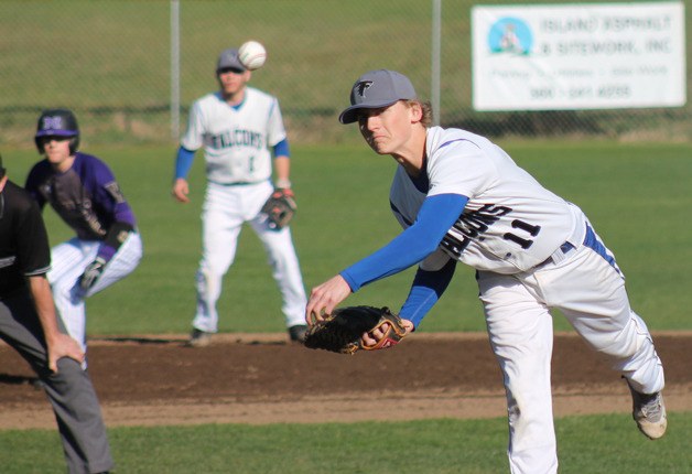 Falcon junior Charlie Patterson pitches in the first inning against North Kitsap on March 16 at South Whidbey High School. He walked four and struck out two batters in two innings.