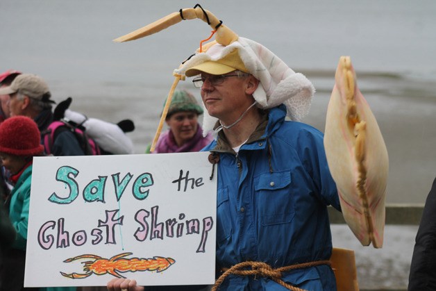 Langley Mayor Fred McCarthy promotes the city’s sand shrimp advocacy by dressing like one and wearing signs that read “Save the Sand Shrimp” at the Welcome the Whales Day Parade on April 19.