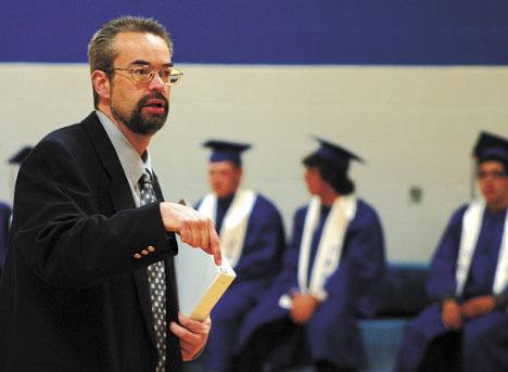 South Whidbey High School principal Rob Prosch speaks to graduating seniors before last year's commencement.