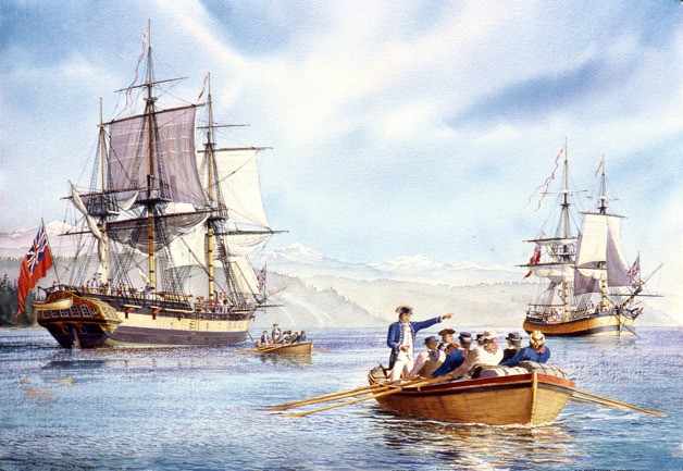An artist’s rendering of the HMS Discovery and the HMS Chatham somewhere in Puget Sound. An anchor was lost during the famous exploration of the Pacific Northwest and a group of history hunters believe they have located the artifact on the west side of Whidbey Island.
