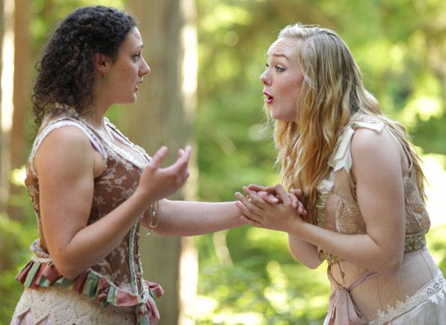 Company members Valerie Huntington Olena Hodges (act out a scene as Hermia and Helena in “Midsummer Night’s Dream” last year. The Southern Oregon University students will return for “Much Ado About Nothing” this summer.