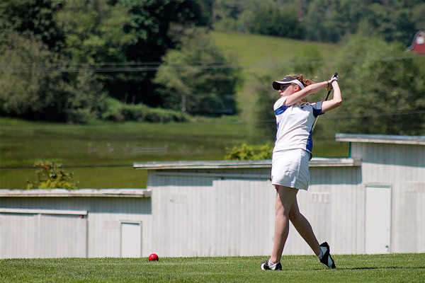 Falcon sophomore Riley Yale tees off the first hole during the 1A District 1/2 girls golf tournament May 18 at Useless Bay Golf & Country Club.
