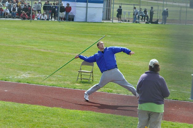 Nick French warms up before the javelin throw competition at the state 2A track and field championship meet May 25 in Tacoma.