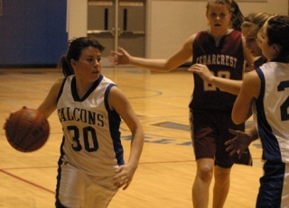 Falcon Chantal LaChaussee flies under the radar Tuesday during South Whidbey’s 53-52 loss to Cedarcrest in overtime.