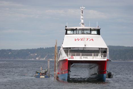 The last in a series of catamaran ferries is launched in Holmes Harbor on Monday by Nichols Brothers Boat Builders of Freeland.