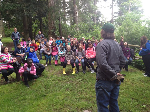 Students learn from South Whidbey State Park staff about rotting trees impacting the campground.