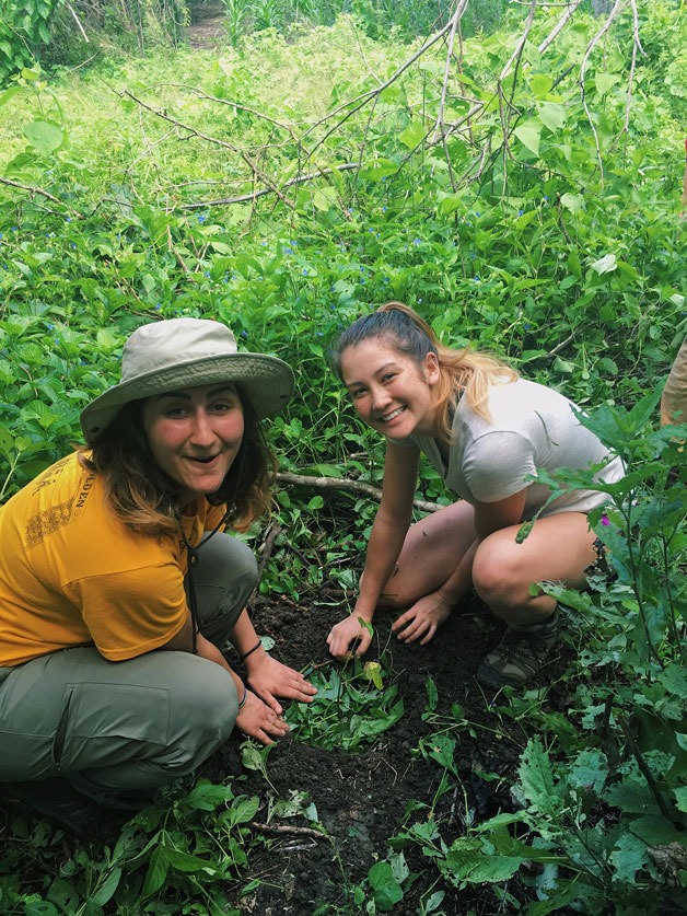 Maia Sparkman (right) and fellow student Hannah Nia (left) plant a guayacan tree in San Clemente
