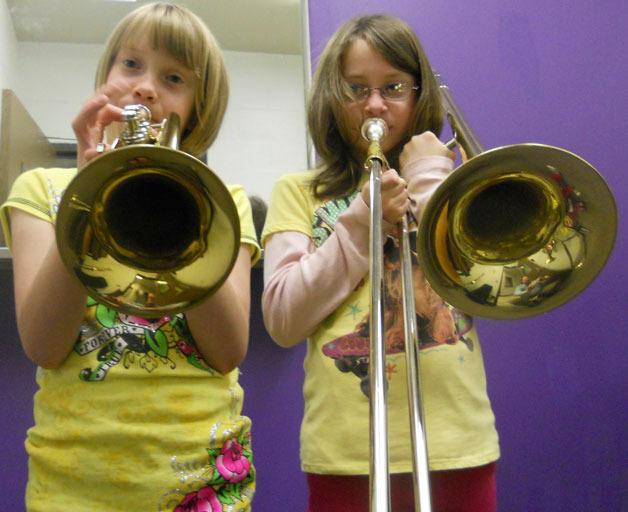 Jordan and Skye Kelly of Langley sound the brass for the upcoming “Meet the Orchestra” concerts by the Saratoga Chamber Orchestra.