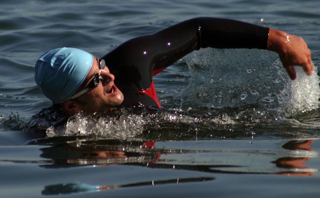 Steve Polucha comes up for air on his way to winning last year’s Whidbey Adventure Swim. This is the second year for the open water 1.2 and 2.4-mile races.