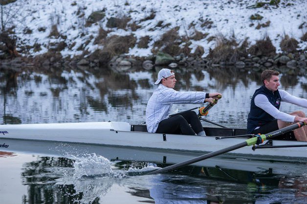 Gonzaga University junior rower Kale Reichersamer (left) during a winter practice.