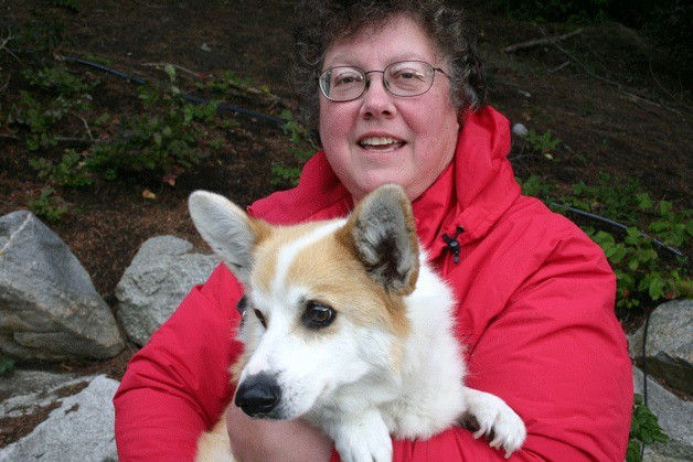 Bobbie Mayer of Clinton with her champion corgi Candy: “He’s a happy dog.”