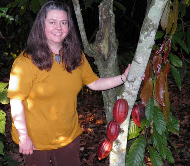 Mona Newbauer stands by a cacao tree (theobroma cacao) with ripe cacao pods hanging from the trunk of the tree. Unlike other fruit