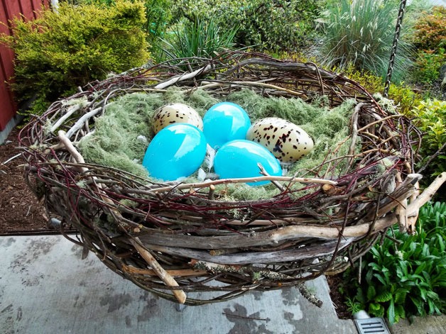 This nest sculpture with glass eggs made by four local artists will be at Rob Schouten Gallery at Greenbank Farm through May