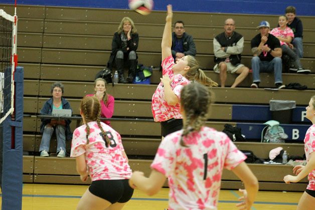 South Whidbey volleyball senior Sarah Hodson prepares to attack the Granite Falls defense on Thursday night at South Whidbey High School.
