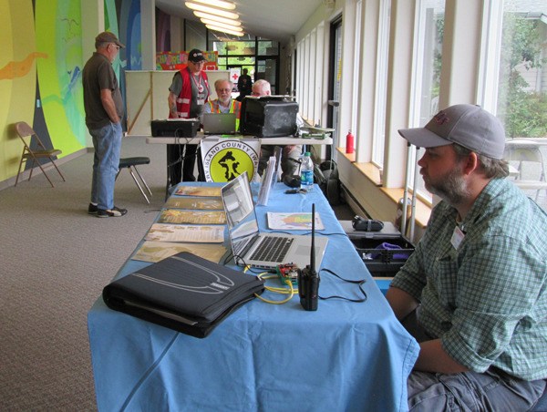 Volunteers from the Island County Amateur Radio Club staff a station at a shelter drill at Trinity Lutheran Church during Cascadia Rising