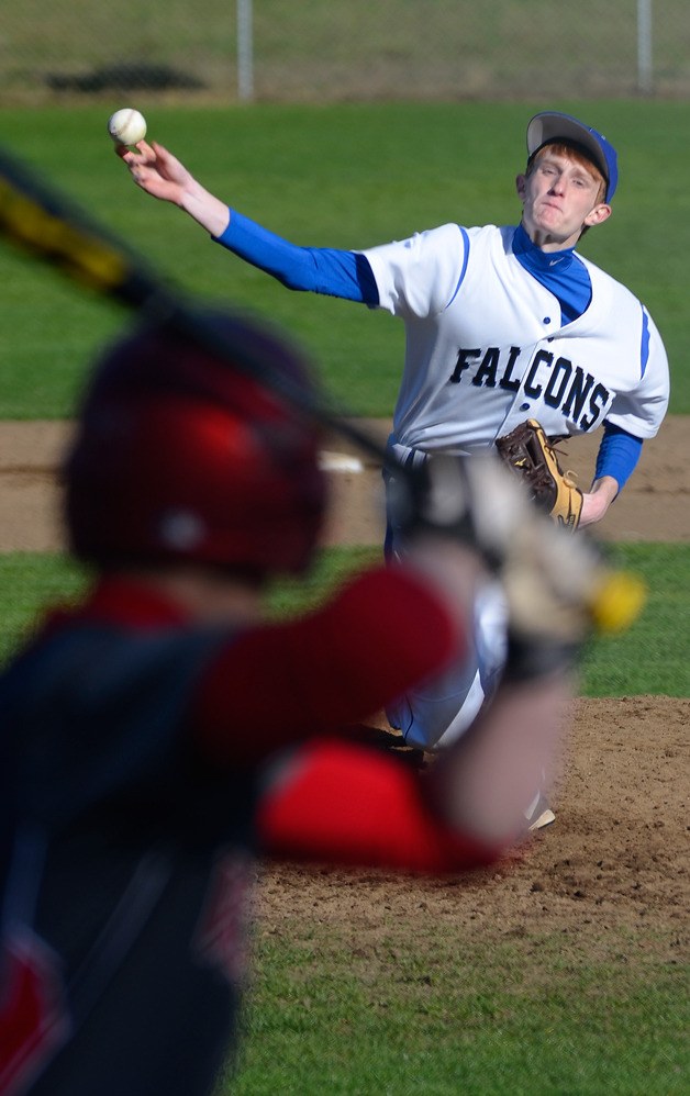 Falcon senior Colton Sterba pitches against Coupeville on March 21 at South Whidbey High School. The Falcons rallied in the seventh inning for their first Cascade Conference win of the season.