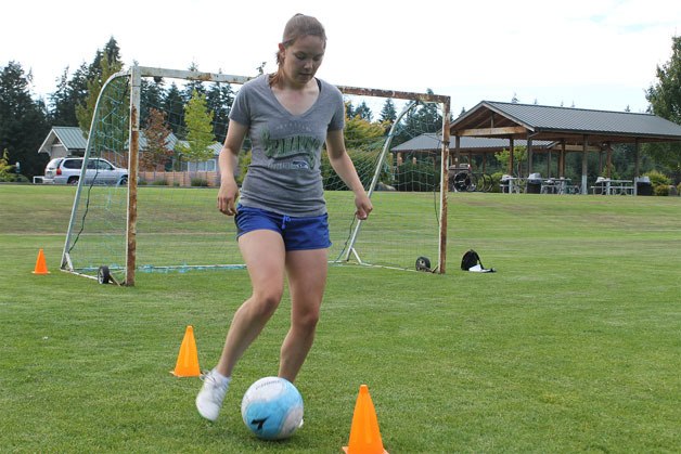 Former South Whidbey girls soccer player Kendra Warwick practices agility drills at the Parks and Recreation soccer fields. Warwick will compete for Whatcom Community College starting Aug. 10.