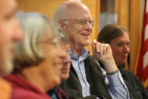 Langley City Councilman Bob Waterman laughs during a lighter moment at Wednesday’s joint session with the port. City officials are not impressed with the first phase of the expansion proposal for the Langley Marina and are asking the port to reexamine its plans.
