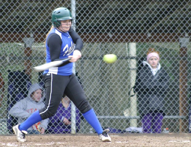Alex Kubeska slams a single into left field on Saturday. The junior was three for four at the plate and threw seven strikeouts.