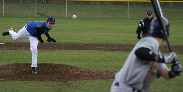 Falcon senior Cody Haynes pitches against Friday Harbor in the ninth inning on Saturday. Haynes got one strikeout and gave up four walks in 1 1/3 innings.