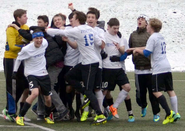 South Whidbey Reign U-17 soccer players celebrate after winning the state championship in a 2-1 shootout Feb. 9.