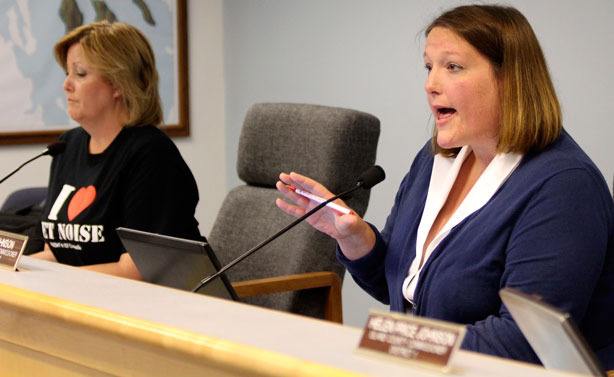 Island County Commissioner Jill Johnson scolds audience members for outbursts during discussions Monday about jet noise in Coupeville. The board voted in a 2-1 decision to adopt a resolution supporting the U.S. Navy and Outlying Field Coupeville. The decision comes in the wake of a similar decree adopted by the Oak Harbor City Council.