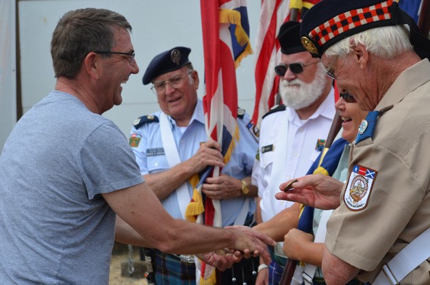 U.S. Secretary of Defense Ashton Carter spends time with Mt. Rainier Post 1889 of the Scottish American Military Society at the Whidbey Island Scottish Highland Games.