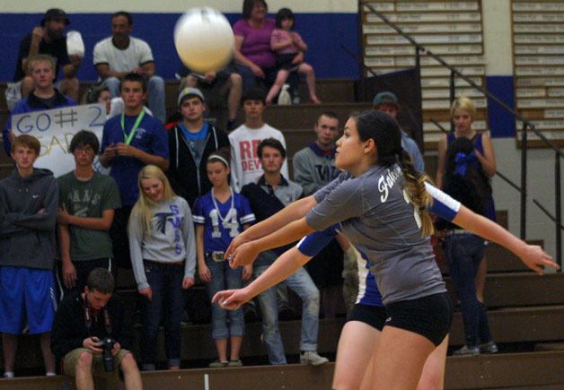 Falcon sophomore libero Sara Bryant passes a serve during a game against Coupeville on Thursday night.