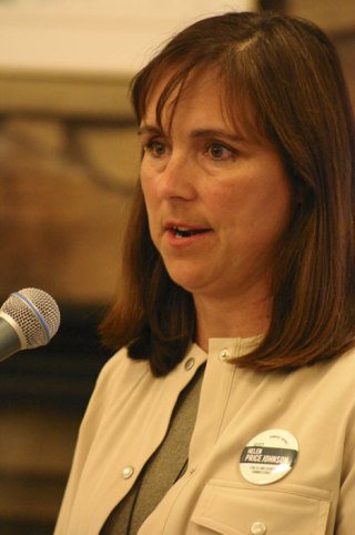 County commissioner candidate Helen Price Johnson talks at a voters' forum in Freeland in late July.