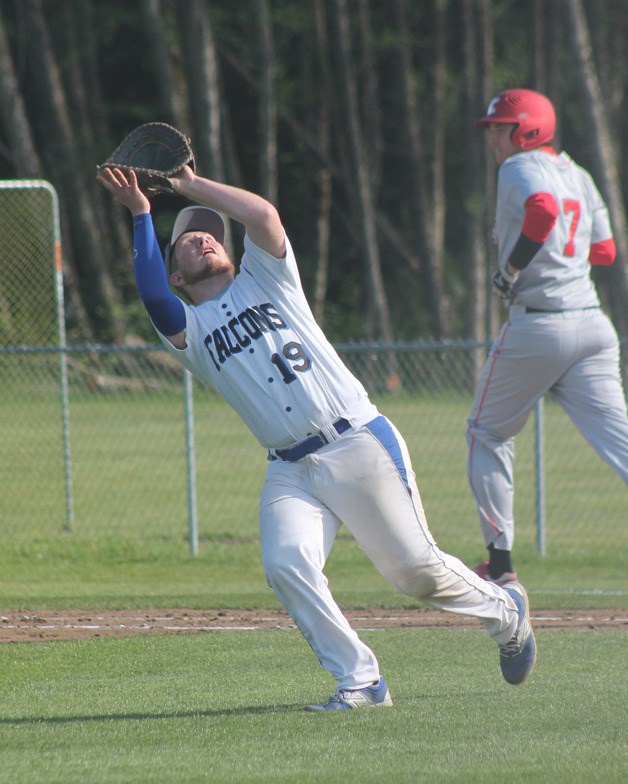 Falcon senior Trent Fallon tracks a high pop fly near the pitcher’s mound against King’s on April 29.