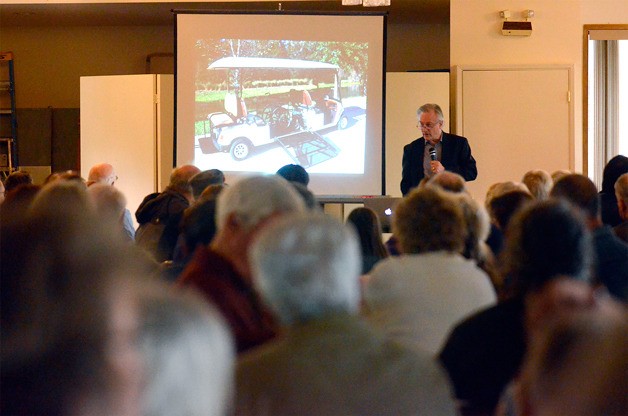 Langley Planner Michael Davolio speaks during the April charrette on the proposed conveyance project. Public comment taken during the meeting showed most people favored using golf carts over building a funicular.