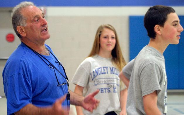 Rocco Gianni pleads with kids to stay active while playing dodgeball as part of Langley Middle School’s P.E. end-of-the-year “Olympics.”