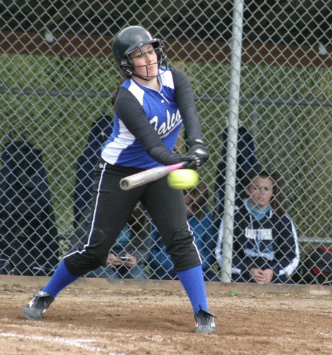 Falcon Nicole Parra hits a line drive for a single in the sixth inning of South Whidbey’s 7-2 win over the Sultan Turks on Wednesday.