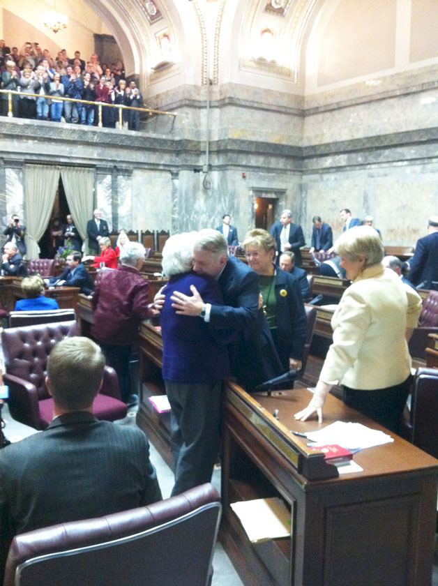 Sen. Ed Murray hugs Sen. Mary Margaret Haugen following the passage of ESSB 6239 in the Senate Feb. 1.