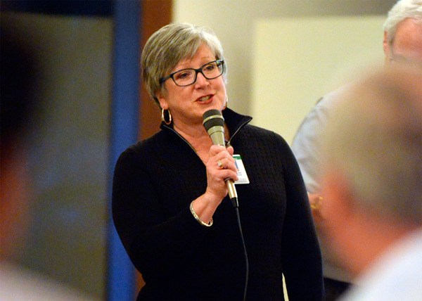 Anne Tarrant speaks during a January town hall meeting in Langley. She’s resigning in June.