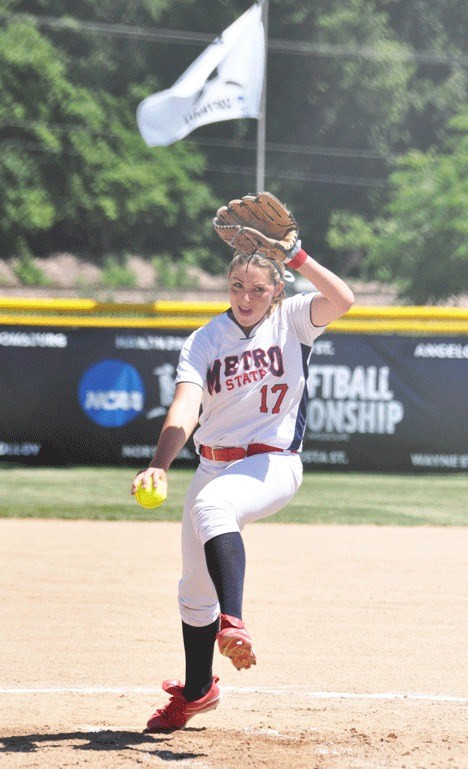Metro State College — and former Falcon — star pitcher Christie Robinson winds up for another strike as the Roadrunners continued their march through the Division II College World Series this past month.